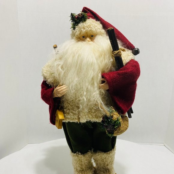 Old World Santa Christmas Tree Birdhouse Red Green Fur Trim Santa Wood Base 17" - Picture 2 of 16